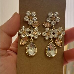 Gold-Tone Crystal Floral Drop Earrings with Clear and Champagne Stones
